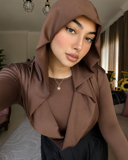 Draped Hooded Top – Brown