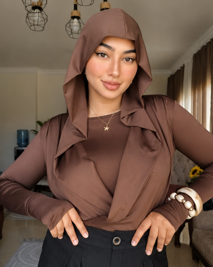 Draped Hooded Top – Brown