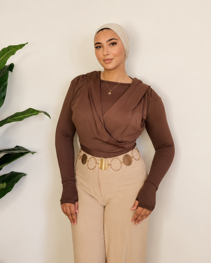 Draped Hooded Top – Brown