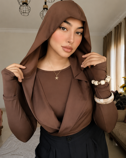 Draped Hooded Top – Brown