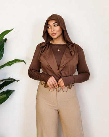 Draped Hooded Top – Brown