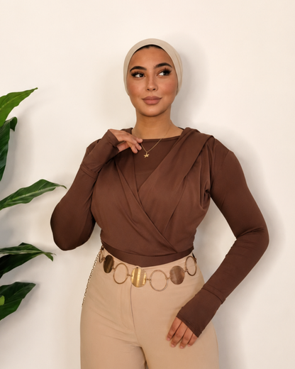 Draped Hooded Top – Brown