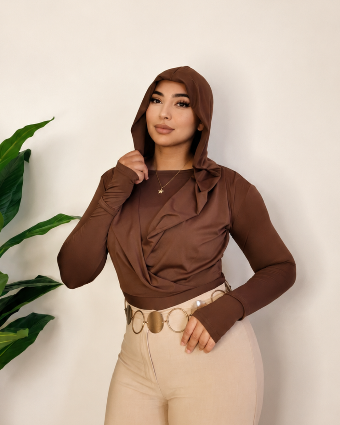 Draped Hooded Top – Brown