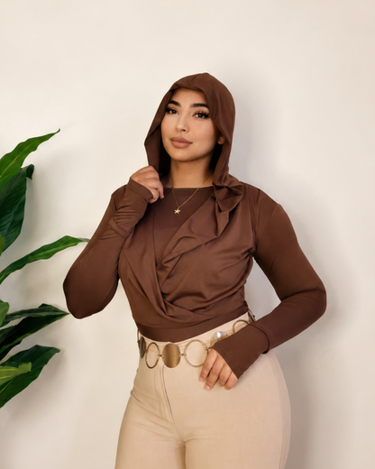 Draped Hooded Top – Brown