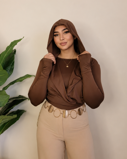 Draped Hooded Top – Brown