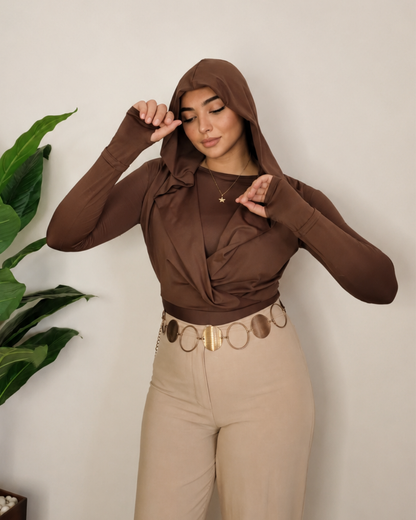 Draped Hooded Top – Brown