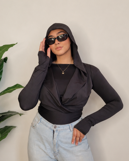 Draped Hooded Top – black