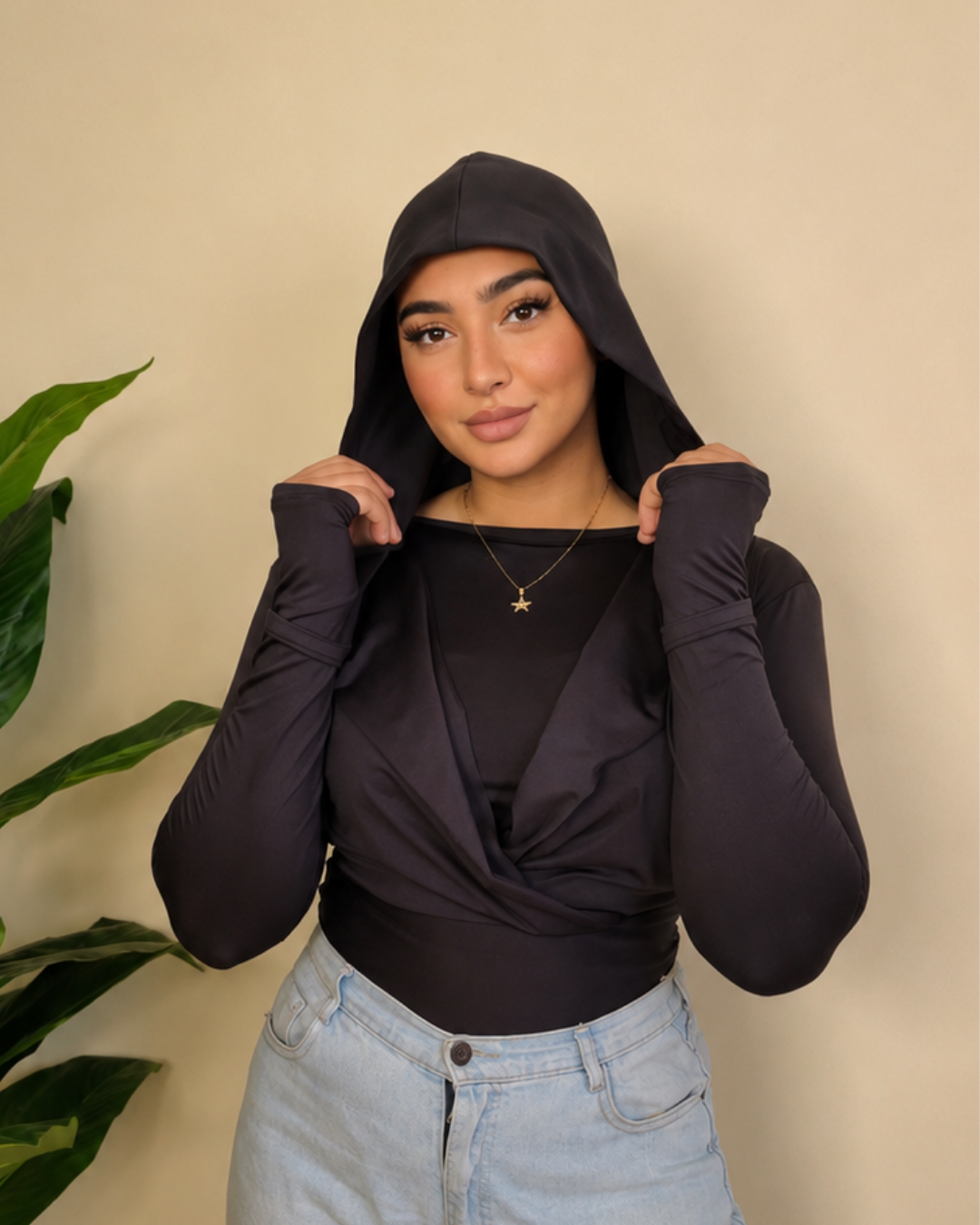 Draped Hooded Top – black