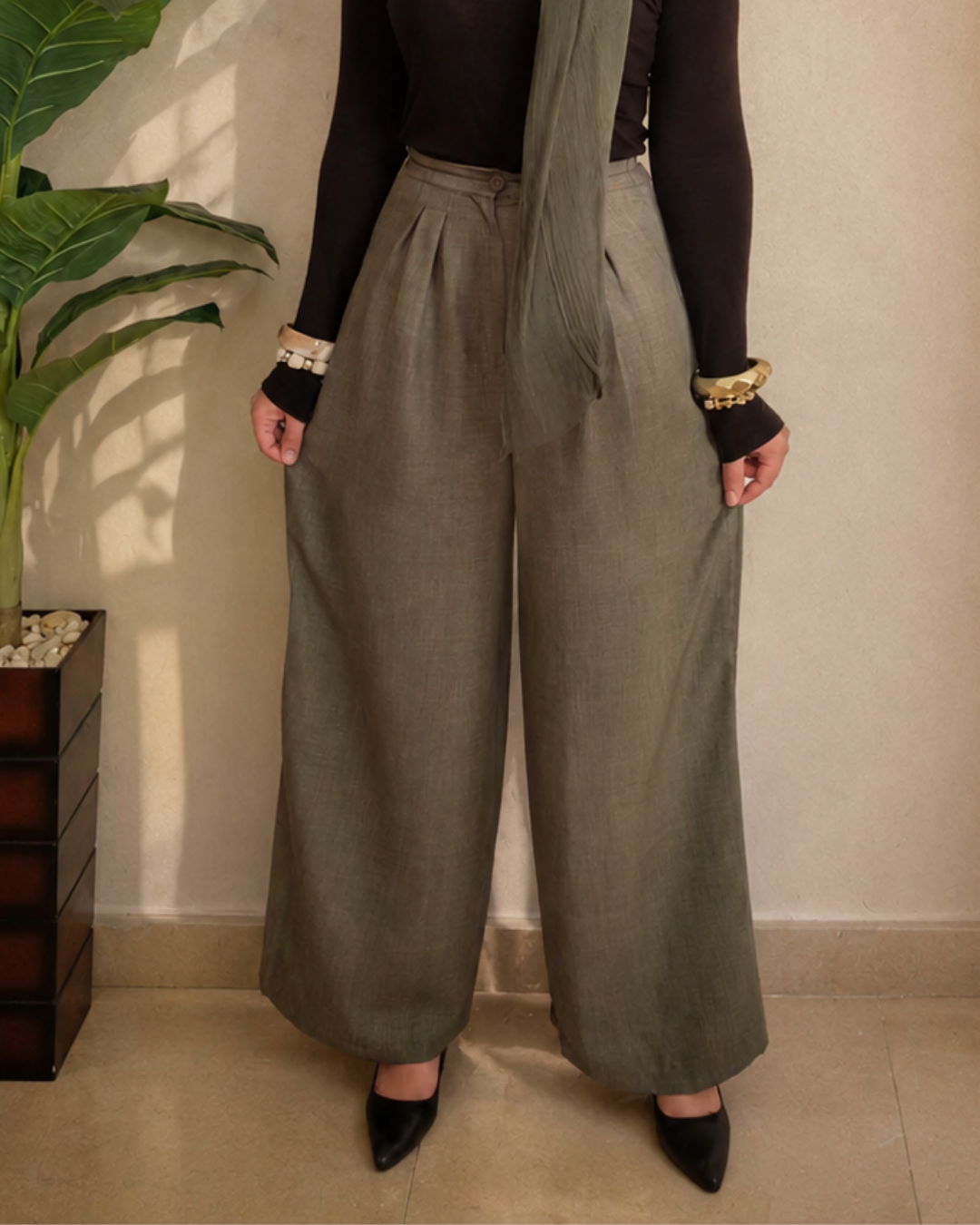 Pleated Linen Pants – Olive