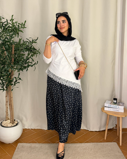 Lace Hem Long Sleeve Top - WHITE