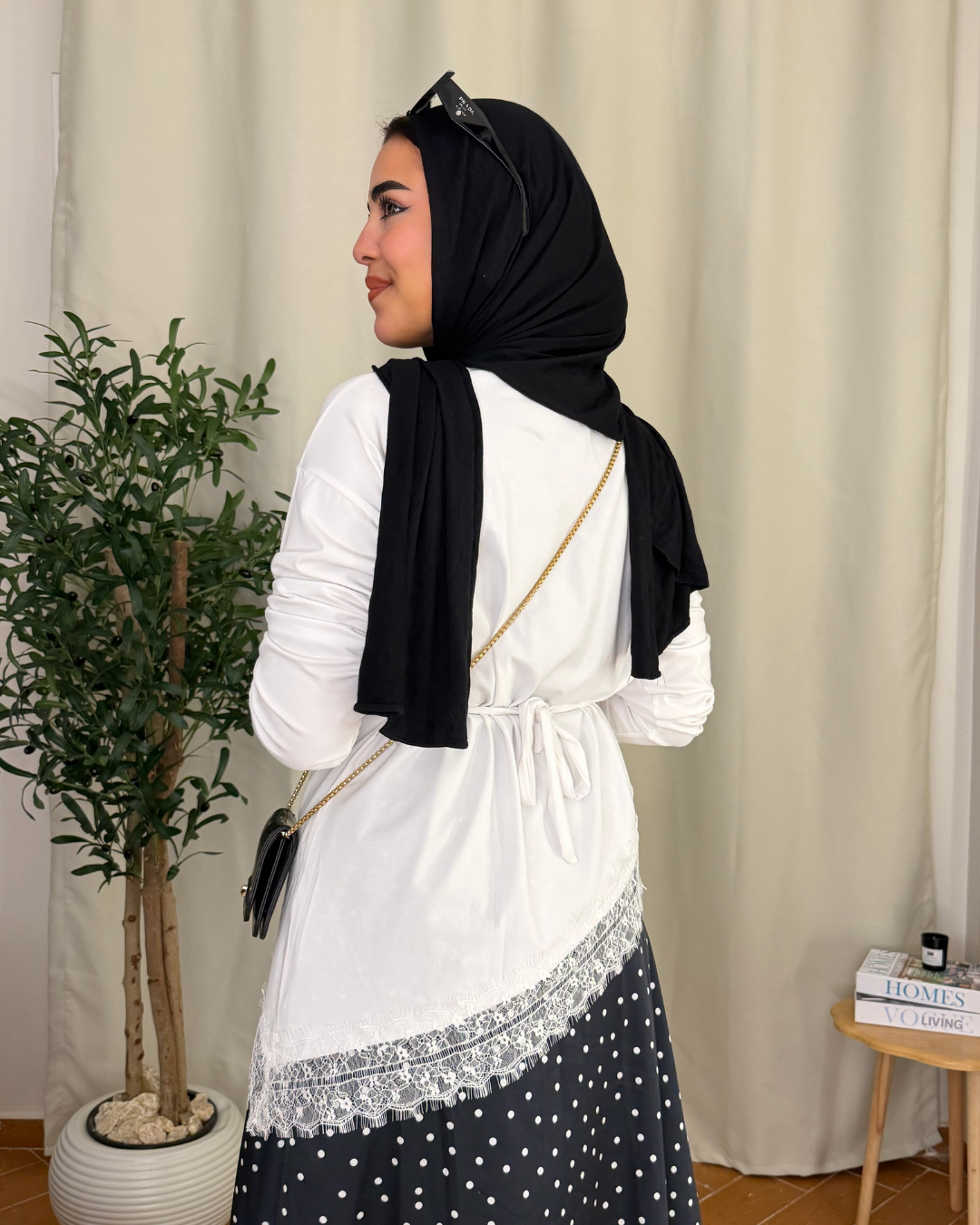 Lace Hem Long Sleeve Top - WHITE